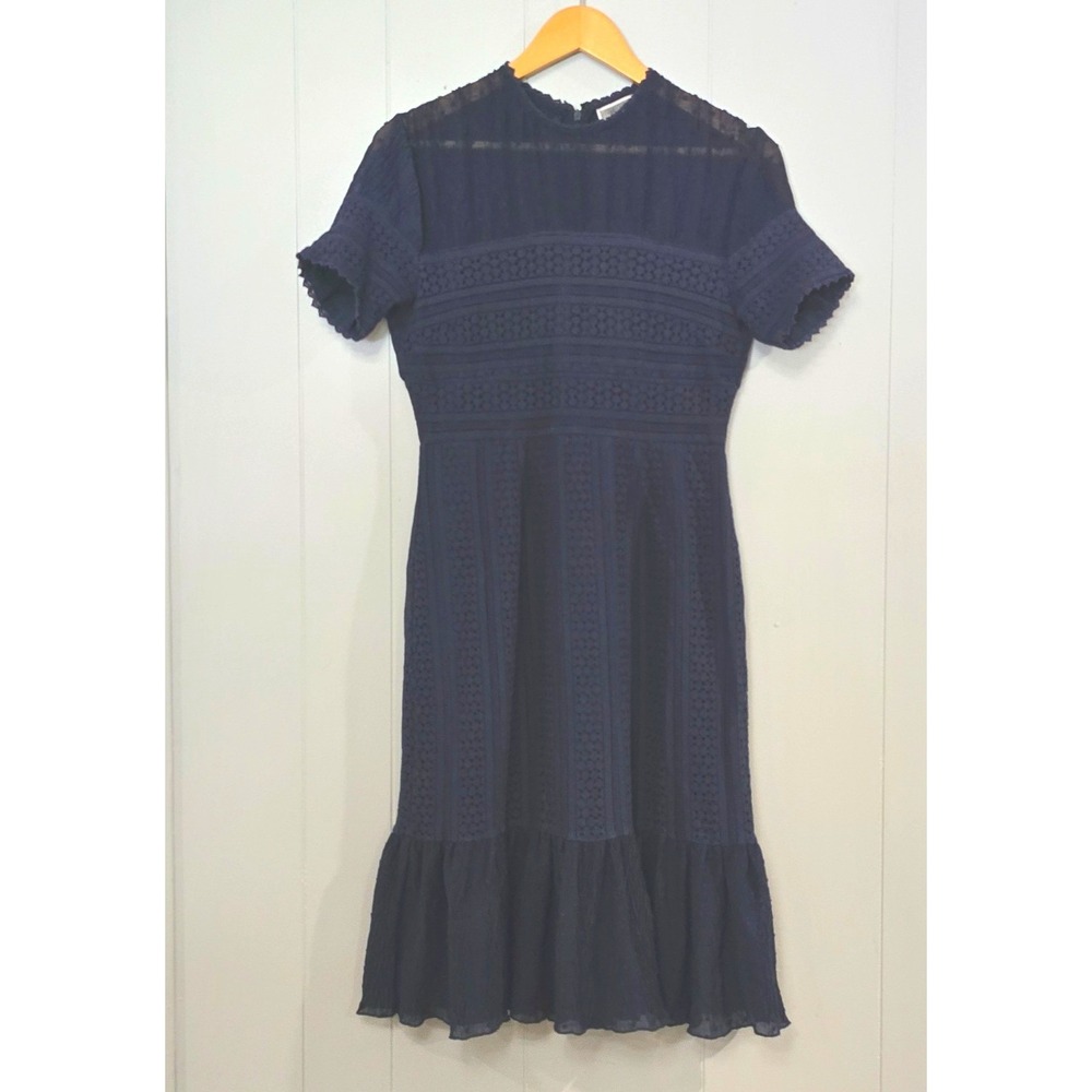 Chelsea28 Navy Blue Lace Swiss Dot Midi Dress Short Sleeve Ruffle Hem Size L‎